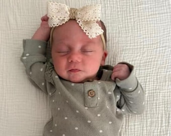 Boho Laced Hair Bows| Nylon Headband or Piggie Bows| Non Slip Alligator Clips for Newborn Toddler Girls