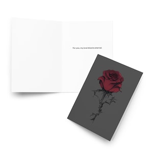 Tarjeta de felicitación con rosa de medianoche / Diseño romántico de rosa gótica / Tarjeta de amor moderna para el día de San Valentín, aniversarios y ocasiones especiales