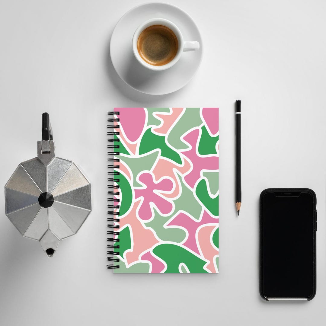 Glimmer & Hex Spiral Notebook - Fun Pink, Green, and White Abstract ...