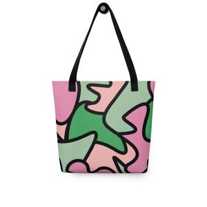 fourre-tout Glimmer & Hex - Mosaïque abstraite rose et verte amusante #2 | Sac de tous les jours durable pour l'épicerie et les livres | Cadeau mignon pour professeur