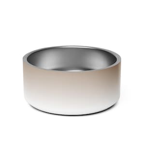 May include: A stainless steel pet bowl with a white to beige ombre finish.