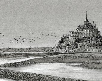 May include: A black and white illustration of a medieval castle on a rocky island with a flock of birds flying overhead.