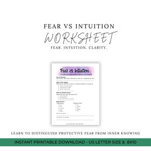 May include: A Fear vs Intuition worksheet featuring a purple and pink watercolor header. The document includes sections for Current Situation, What is fear saying, What my intuition knows, and a Body Check-In with checkboxes for self-reflection.