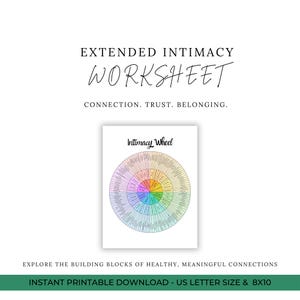 May include: A printable worksheet titled EXTENDED INTIMACY WORKSHEET with the subtitle CONNECTION. TRUST. BELONGING. It features a colorful circular Intimacy Wheel diagram with various text labels and the footer text EXPLORE THE BUILDING BLOCKS OF HEALTHY, MEANINGFUL CONNECTIONS.