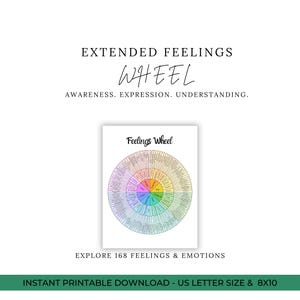 May include: A rectangular print titled Extended Feelings Wheel featuring a circular chart with 168 emotions categorized by color. The text reads Awareness. Expression. Understanding. and Explore 168 Feelings & Emotions. It is sized for US letter and 8x10 inches.