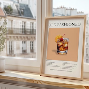 Póster de cóctel antiguo: receta clásica de bebida de whisky, arte de pared, regalo para amantes del bourbon, decoración de bar vintage para el hogar, bar o cocina