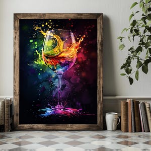 Modernes Glas Weinglas Gemälde Küchenkunst | Buntes Weinglas Splash Print | Abstrakte Bar Wanddekor | Regenbogen Wein Poster | Geschenk für Weinliebhaber