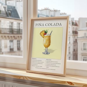 ピニャコラーダカクテルポスター、トロピカルドリンクレシピウォールアート、バーカートの装飾、楽しいトロピカルアートワーク、カクテルやティキ愛好家へのギフト