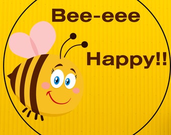 Digitale download: 'Be Happy' Bumble Bee met roze vleugels sticker"