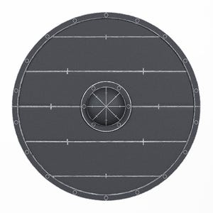 May include: A round, dark gray shield with a central circular design and horizontal lines. The shield has a series of evenly spaced rivets around the perimeter and a detailed central emblem. The design is symmetrical and appears to be a historical or fantasy-themed item.