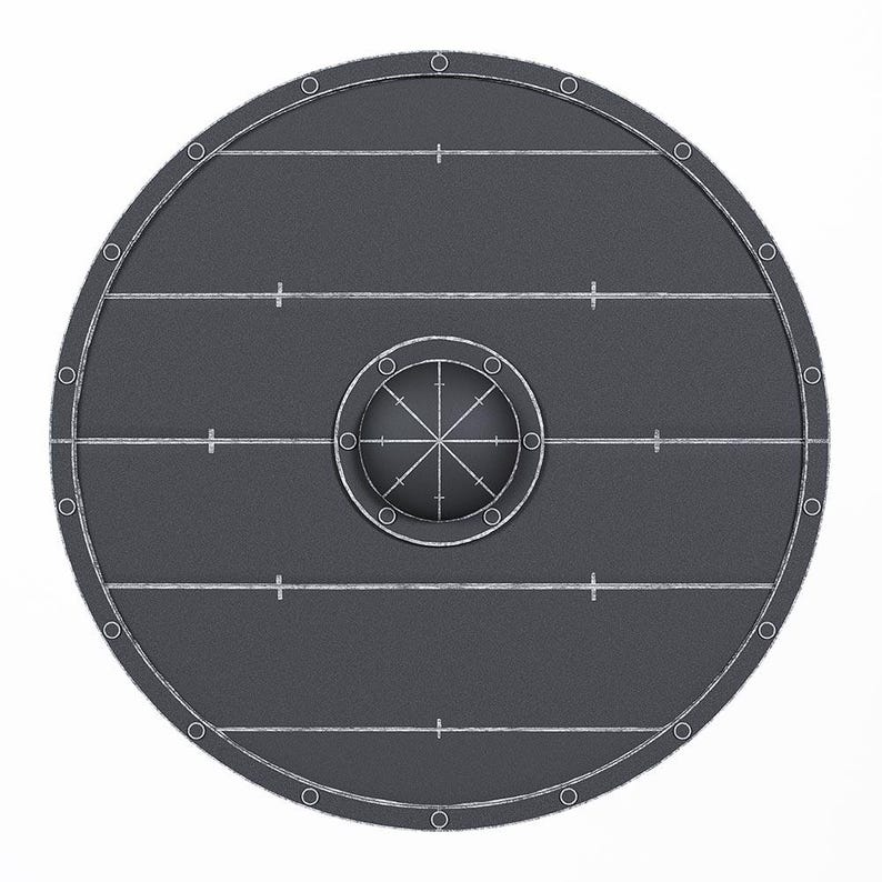 May include: A round, dark gray shield with a central circular design and horizontal lines. The shield has a series of evenly spaced rivets around the perimeter and a detailed central emblem. The design is symmetrical and appears to be a historical or fantasy-themed item.