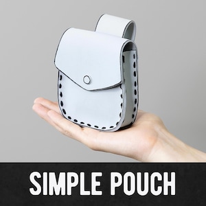 May include: A light gray pouch with a flap closure and a small button. The pouch has black stitching around the edges and a loop on the back. The text "SIMPLE POUCH" is at the bottom of the image.