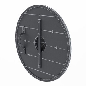 May include: A gray, round shield with a handle and a vertical metal bar. The shield has a series of rivets around the edge and horizontal lines across the surface. The shield is a historical item.