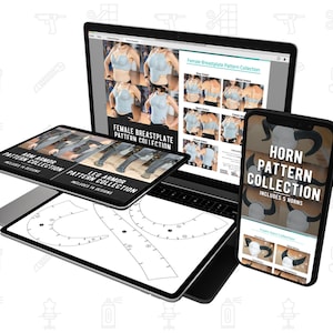 Könnte beinhalten: Ein Laptop, ein Tablet und ein Smartphone zeigen digitale Mustersammlungen. Der Laptop zeigt eine "Female Breastplate Pattern Collection". Das Tablet zeigt "Arm Armor Pattern Collection" und "Leg Armor Pattern Collection". Das Smartphone zeigt "Horn Pattern Collection".