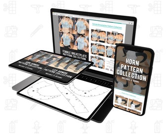 May include: A laptop, tablet, and smartphone display digital pattern collections. The laptop shows a "Female Breastplate Pattern Collection." The tablet displays "Arm Armor Pattern Collection" and "Leg Armor Pattern Collection." The smartphone shows a "Horn Pattern Collection."