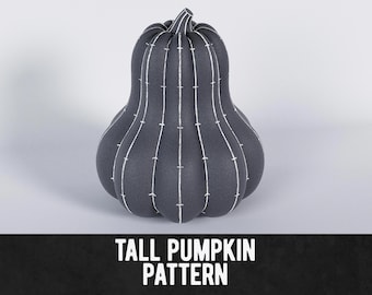 May include: A tall, dark gray pumpkin with white stitching detail. The pumpkin has a ribbed design and a stem at the top. The text "TALL PUMPKIN PATTERN" is at the bottom of the image. This decorative pumpkin is perfect for fall.