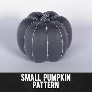 May include: A dark grey pumpkin with white stitching details. The pumpkin has a stem and is a decorative item. The text "SMALL PUMPKIN PATTERN" is displayed at the bottom of the image.
