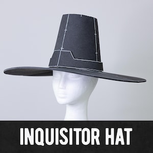May include: A dark gray Inquisitor hat with a wide brim and tall, slightly tapered crown. White lines mark the construction pattern. The hat is displayed on a white mannequin head. The text "INQUISITOR HAT" is at the bottom.