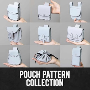 May include: A collection of light blue pouches in various designs, including a drawstring pouch and several small bags with flap closures. Each pouch has a contrasting stitch detail. The text "POUCH PATTERN COLLECTION" is at the bottom.