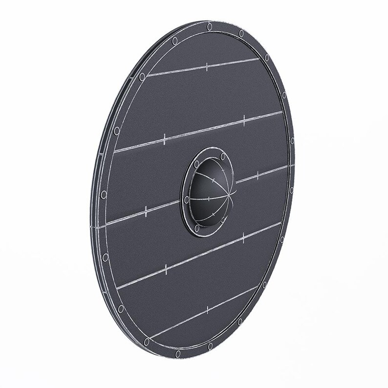 May include: A round, dark gray shield with a central boss and a series of horizontal lines. The shield has a circular design with rivets around the edge and white cross markings.