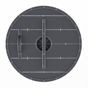 May include: A circular, gray shield with a handle and vertical and horizontal support bars. The shield has a dark center with a circular design and is edged with rivets. White lines divide the shield into sections.