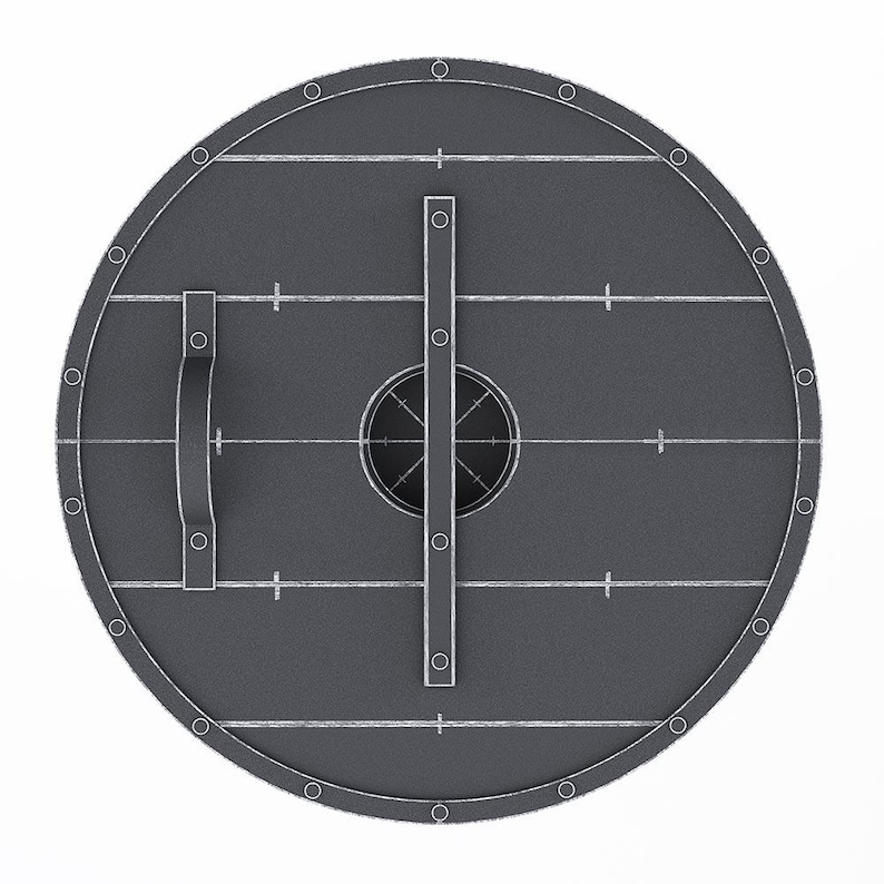 May include: A circular, gray shield with a handle and vertical and horizontal support bars. The shield has a dark center with a circular design and is edged with rivets. White lines divide the shield into sections.