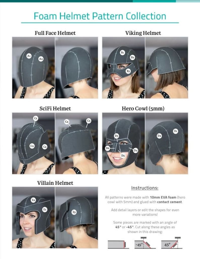 K&ouml;nnte beinhalten: Eine Sammlung von Schaumstoff-Helm-Mustern zum Basteln. Die Muster umfassen einen Vollvisierhelm, einen Wikingerhelm, einen Science-Fiction-Helm, eine Heldenhaube und einen Schurkenhelm. Anweisungen zur Verwendung von 10 mm EVA-Schaumstoff und Kontaktkleber sind enthalten.