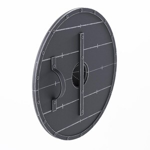 May include: A dark gray, round shield with a central hand grip and a smaller grip on the back. The shield has a series of rivets around the edge and white lines that create a wood grain effect. The shield is a historical or fantasy item.
