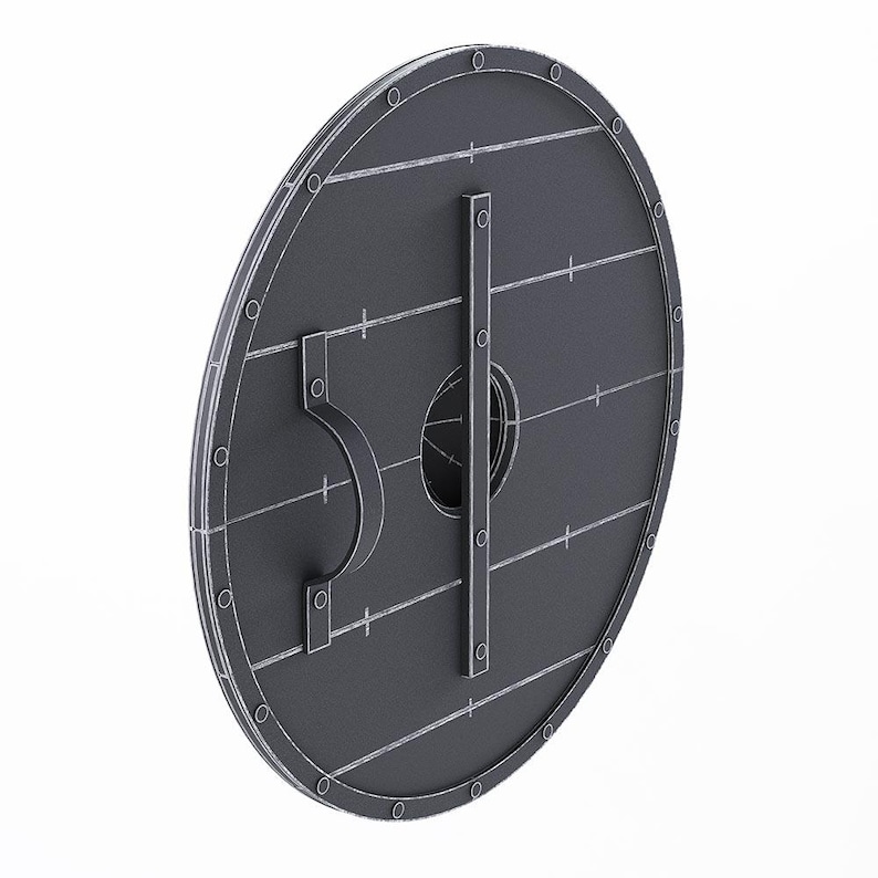 May include: A dark gray, round shield with a central hand grip and a smaller grip on the back. The shield has a series of rivets around the edge and white lines that create a wood grain effect. The shield is a historical or fantasy item.