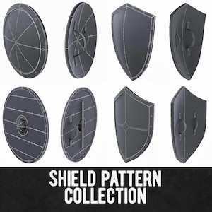 Può includere: Una collezione di otto scudi grigio scuro con vari design. Gli scudi includono forme rotonde e appuntite, con dettagli come linee radiali, assi di legno e maniglie. Il testo "SHIELD PATTERN COLLECTION" è visualizzato in basso.