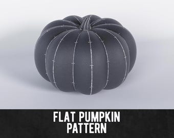 May include: A dark gray pumpkin with vertical white lines and cross marks. The pumpkin has a stem and is set against a white background. The text "FLAT PUMPKIN PATTERN" is at the bottom of the image.