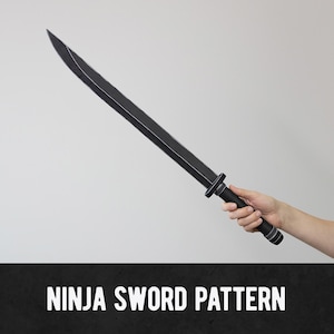 May include: A black ninja sword with a straight blade and a black handle is held against a white background. The text "NINJA SWORD PATTERN" is displayed in white letters on a black bar at the bottom of the image.