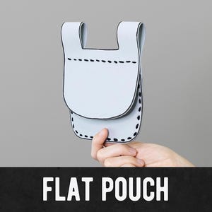 May include: A light blue flat pouch with black stitched details and a flap closure. The pouch has two curved handles at the top. The text "FLAT POUCH" is displayed in white block letters on a black background.