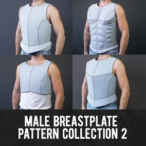 May include: A collection of four light gray breastplate patterns, each worn by a person. The breastplates have black stitching and varying designs, including one with an anatomical muscle structure. The text "MALE BREASTPLATE PATTERN COLLECTION 2" is at the bottom.