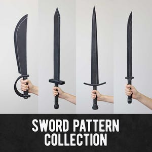 Op de afbeelding: Vier zwarte zwaardpatronen worden getoond tegen een witte achtergrond. Elk zwaard wordt door een hand vastgehouden. De zwaarden variëren in blad- en handvatontwerp. De tekst "SWORD PATTERN COLLECTION" staat onderaan.