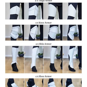 May include: Leg armor pattern collection with four different styles: thigh, knee, shin, and shoe armor. Each style is shown on a model wearing black leggings or pants.