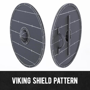 May include: Two dark grey Viking shields, one showing the front with a central boss and the other the back with a handle. The shields have a circular shape with horizontal wooden planks and metal rivets. The text "VIKING SHIELD PATTERN" is at the bottom.