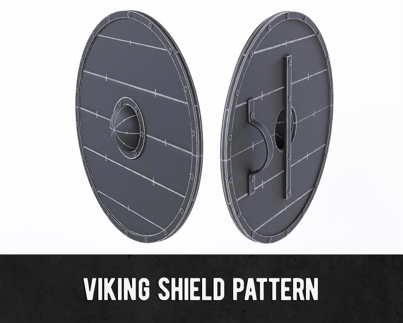 May include: Two dark gray Viking shields, one showing the front with a central boss and the other the back with a handle. The shields have a circular shape with horizontal wooden planks and metal rivets. The text "VIKING SHIELD PATTERN" is at the bottom.