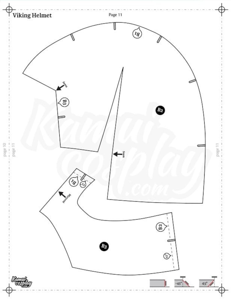 K&ouml;nnte beinhalten: Eine Schwarz-Wei&szlig;-Zeichnung eines Musters f&uuml;r einen Wikingerhelm. Das Muster enth&auml;lt Anweisungen zum N&auml;hen und Zuschneiden des Stoffes. Das Muster ist mit "Viking Helmet" und "Page 11" beschriftet.