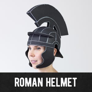 May include: A black Roman helmet constructed from foam panels with visible white seam lines and a prominent crest. The helmet features a brow guard and curved cheek pieces, with the text ROMAN HELMET displayed in white on a black banner below.