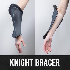 May include: Two images of a black knight bracer. The bracer is made of a dark gray material with white stitching details. The bracer is shown on a person's arm. The text "KNIGHT BRACER" is displayed in white letters on a black background.