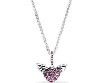 Pandora Heart & Angel Wings Necklace Sterling Silver Handcrafted Wings Pendant with Pink Stones: 45cm Adjustable Chain Celebrating Freedom