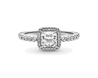 PANDORA Square Sparkly Halo Ring Contemporary Sparkling Sterling Silver Cute Ring with Square-Cut Stone Handcrafted Women's Jewellery S925