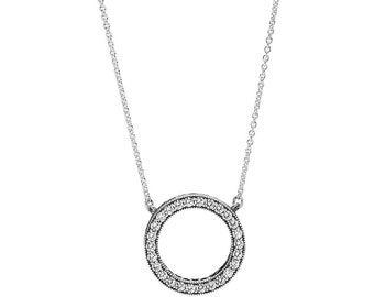 Pandora Silver Circle of Sparkle Necklace Discover the Latest Trend Circle Pendant with 45cm Chain, Reversible Pendant  Adjustable Chain