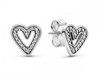 Pandora Freehand Heart Silver Stud Earrings New Sparkling Cubic Zirconia Earrings For Women Love Jewellery Special Gift For Her UK, S925 ALE