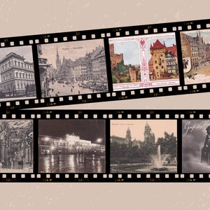 May include: A collection of vintage postcards featuring black and white images of various European cities. The postcards are arranged in a row on a film strip background.