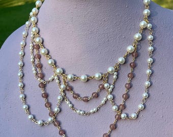 Faux Pearl Layered Necklace With Strawberry Quartz - Statement Necklace