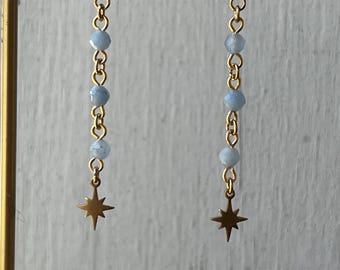 Aquamarine Dangle Drop Earrings - Celestial Star Earrings - PVD Gold Plated Earrings