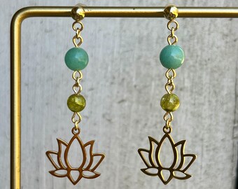 Amazonite & Peridot Lotus Flower Earrings - 24k Gold Plated