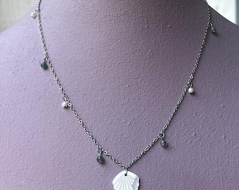 Stainless Steel Mermaidcore Necklace - Shell Pendant Necklace - Freshwater Pearl & Moss Agate Necklace